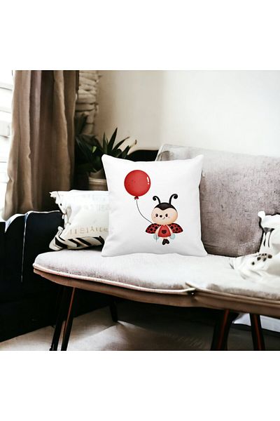BEKZ Ladybug With Balloon Pillowcase, 40x40 Cm, White, Matte