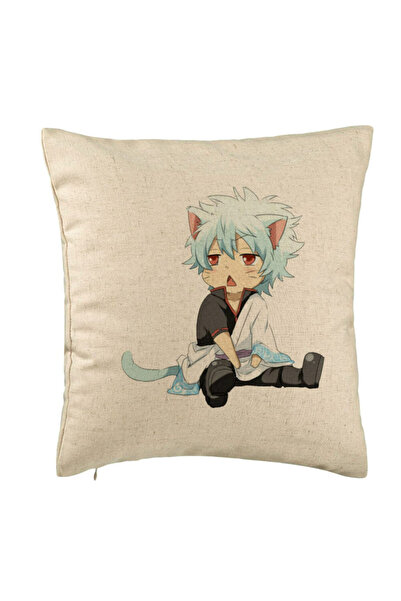 BEKZ Decorative Pillow with Gintama Gin Cat, 40x40 cm, Beige, Removable Cover...