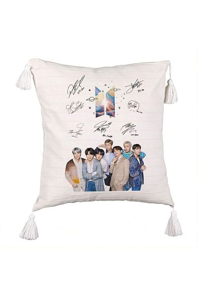 BEKZ BTS Army Fringed Pillowcase with Signature Jackets, 45x45 cm, Ecru, With zipper