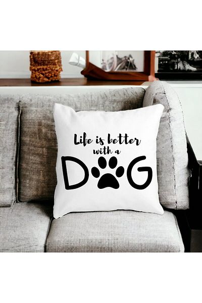 BEKZ Square Decorative Pillow Life is better with a Dog, 40x40 cm, White, Matt, Removable Cover, Bellows