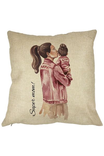 BEKZ Perna Decorativa, Super Mom &amp; Babe, 40x40 cm, Husa Detasabila, Burduf