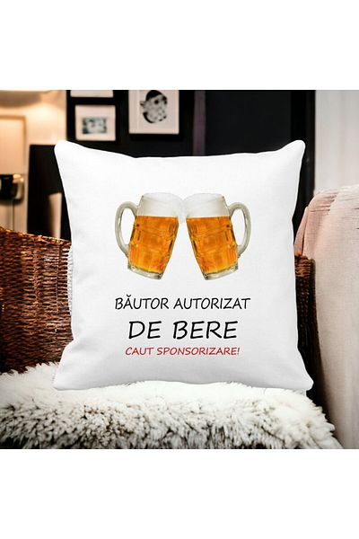 BEKZ Perna Decorativa Patrata Bautor Autorizat de Bere, 40x40 cm, Alba, Mata, Husa Detasabila, Burduf