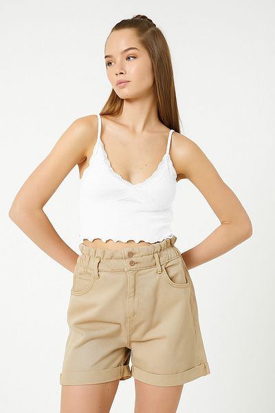 shiny date Ribbed Lace V-Neck Strap Crop Tank Top