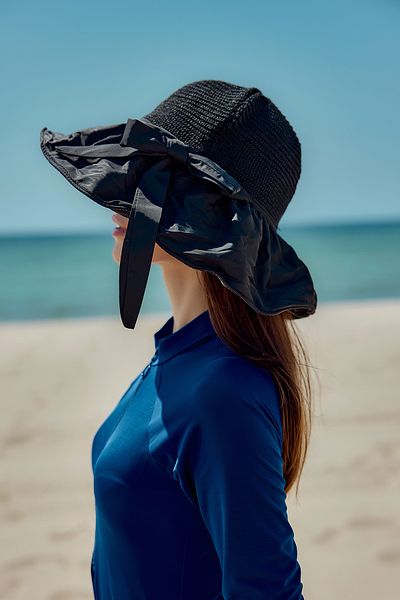Remsa Mayo Knitted and Fabric Detailed Hat Sunscreen Beach Hat Rş-2111 Black