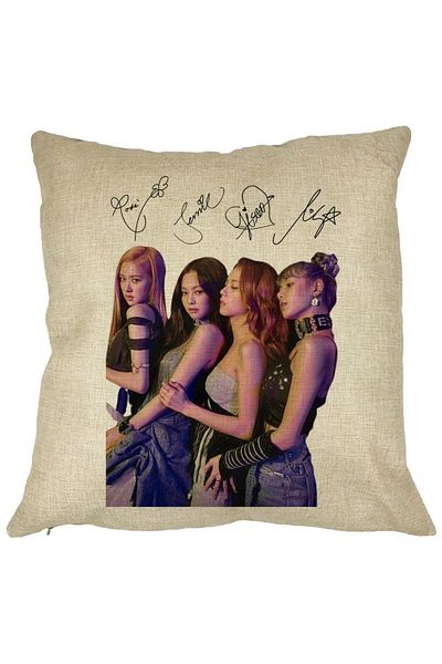BEKZ Perna Decorativa BlackPink cu Semnaturi, Model 3, 40x40 cm, Husa Detasabila, Burduf