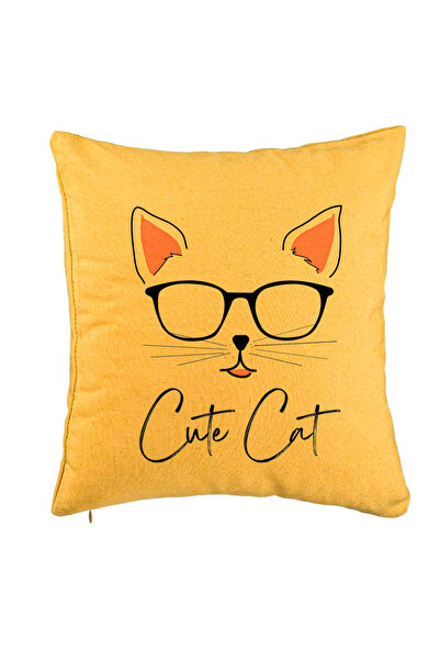 BEKZ Perna Decorativa, Model Cute Cat, 40x40 cm, Galben, Husa Detasabila, Burduf