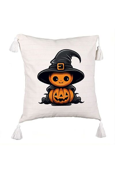 BEKZ Decorative Pillow with Fringes with Halloween Motif 1, 45x45 cm, Ecru, With Zipper