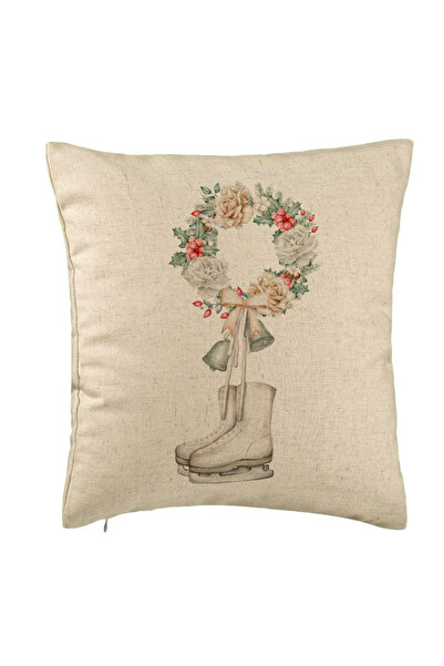 BEKZ Christmas Decorative Pillow, Ice Skates and Wreath, 40x40 cm, Beige, Rem...