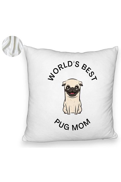 BEKZ Fluffy Decorative Pillow, World's Best Pug Mom Pattern, 40x40 cm, White, Removable Cover, Bellows