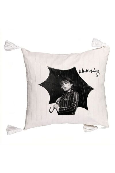 BEKZ Decorative Pillow with Fringes, Wednesday Addams 3 Model, 45x45 cm, Ecru, With zipper