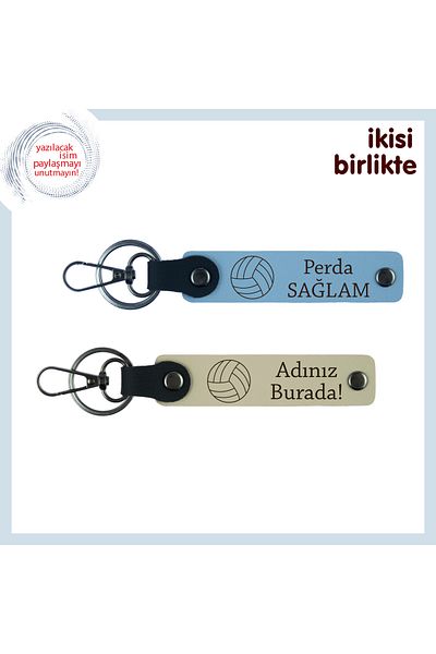 Miaju Armağan Will Make You Happy after Training, Personal Leather Keychain Set, Sky Blue-Milky Brown