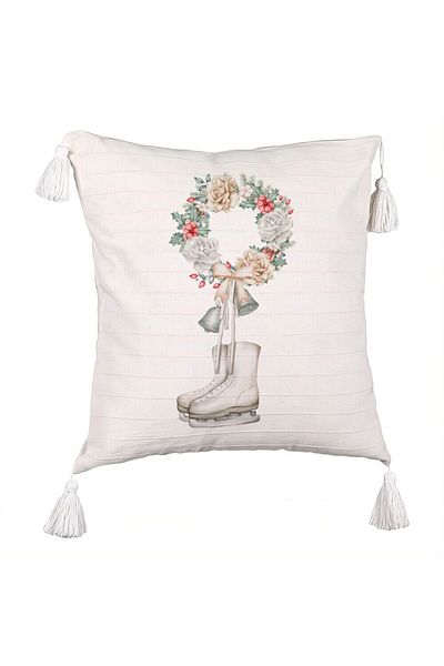 BEKZ Decorative Pillow with Christmas Fringes, Ice Skates and Wreath, 45x45 cm, Ecru, With Zipper