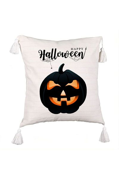 BEKZ Decorative Pillow with Fringes with Halloween Pumpkin and Text Motif, 45x45 cm, Ecru, With Zipper