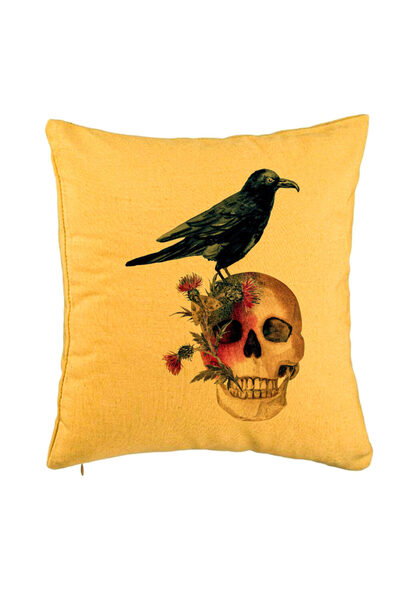 BEKZ Față de pernă cu motiv de craniu și cioară de Halloween, 40x40 cm, galbenă