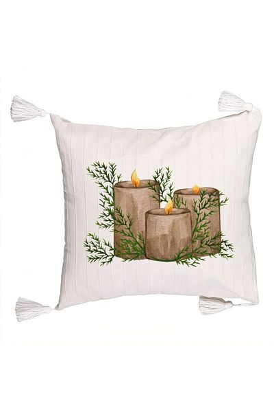 BEKZ Christmas themed decorative pillow with fringes, Candles, 6, 45x45 cm, Ecru, With zipper