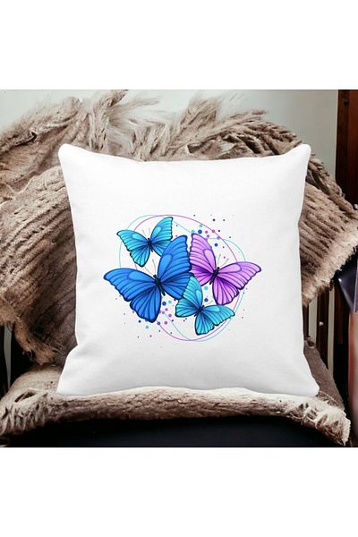 BEKZ Decorative Pillow, Colorful Butterflies, 40x40 cm, White, Matte, Removable Cover, Bellows