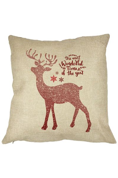 BEKZ Perna Decorativa de Craciun cu Ren si Text 1, 40x40 cm, Husa Detasabila, Burduf