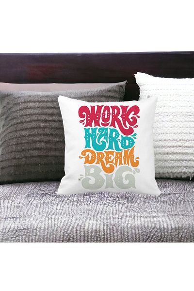 BEKZ Work Hard Dream Big Square Decorative Pillow, 40x40 cm, White, Matte, Removable Cover, Bellows