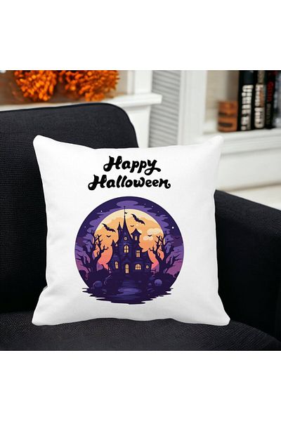 BEKZ Decorative Pillow with Halloween Motif and Text, 40x40 cm, White, Matte, Removable Cover, Bellows