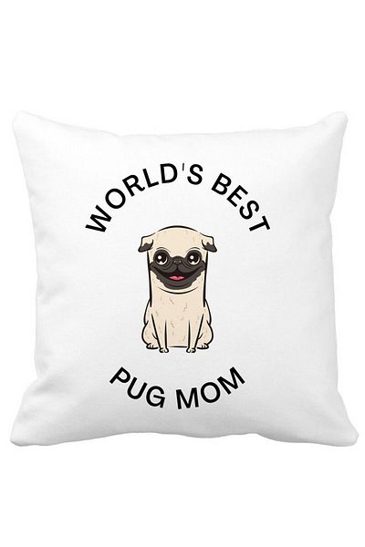 BEKZ Perna Decorativa, World&apos;s Best Pug Mom, 40x40 cm, Alba, Mata, Husa Detasabila, Burduf