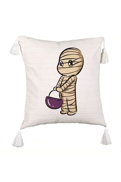 BEKZ Decorative Pillow with Fringes with Halloween Mummy Motif 1, 45x45 cm, Ecru, With zipper