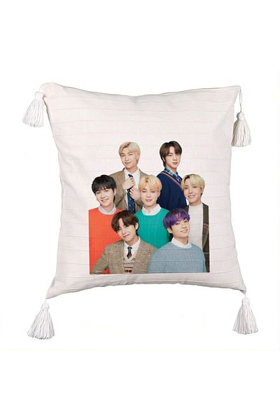 BEKZ BTS Army Signature Fringed Decorative Pillow, 45x45 cm, Ecru, With zipper