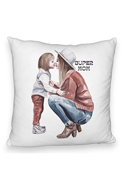 BEKZ Perna Decorativa Fluffy, Model Super Mom Girl, 40x40 cm, Alba, Husa Deta...