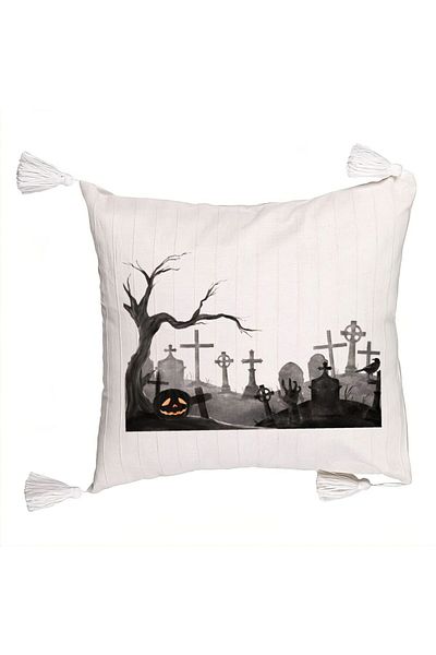 BEKZ Fringed Pillowcase with Halloween Cemetery Motif, 45x45 cm, Ecru, With Zipper