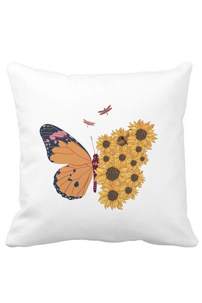 BEKZ Decorative Pillow, SunFlower Butterfly, 40x40 cm, White, Matte, Removable Cover, Bellows