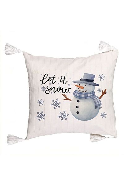 BEKZ Pillowcase with Christmas Fringes Snowman and Text, 45x45 cm, Ecru, With zipper