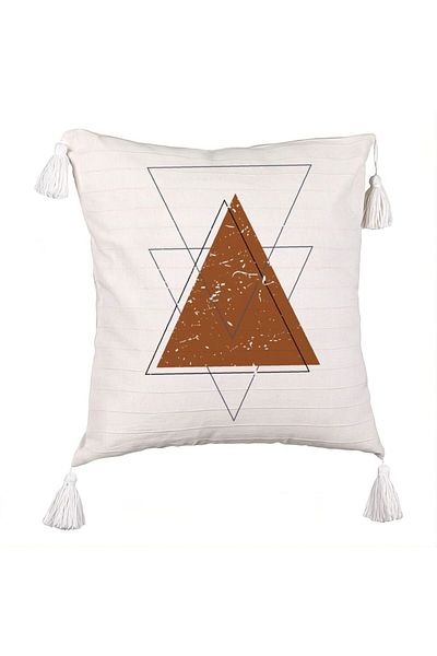 BEKZ Fringed Pillowcase, Abstract Geometric Shapes Pattern, 45x45 cm, Ecru, With Zipper
