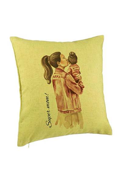 BEKZ Perna Decorativa, Model Super Mom &amp; Babe, 40x40 cm, Verde, Husa Detasabila, Burduf
