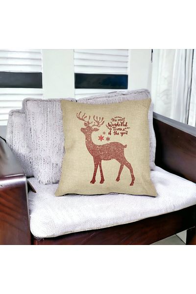 BEKZ Perna Decorativa de Craciun cu Ren si Text 1, 40x40 cm, Husa Detasabila, Burduf