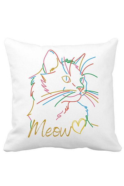 BEKZ Square Decorative Pillow Meow Cat, 40x40 cm, White, Matte, Removable Cover, Bellows