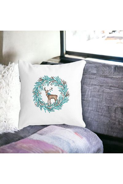 BEKZ Decorative Pillow Christmas Wreath and REN, 40x40 cm, White, Matte, Removable Cover, Bellows