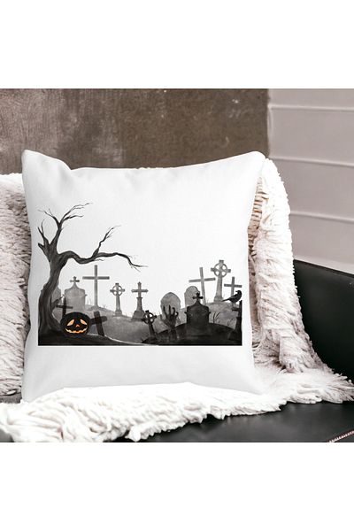 BEKZ Decorative Pillow with Halloween Cemetery Motif, 40x40 cm, White, Matte, Removable Cover, Bellows