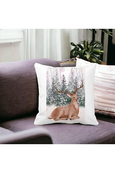 BEKZ Perna Decorativa cu tematica de Craciun, Cerb, 40x40 cm, Alba, Mata, Husa Detasabila, Burduf