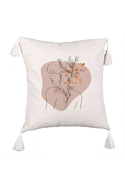 BEKZ Decorative Pillow with Fringes, Woman Body and Flowers Pattern, 45x45 cm, Ecru, With Zipper