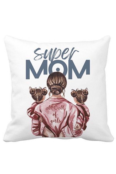 BEKZ Perna Decorativa Patrata Super Mom of Girls, 40x40 cm, Alba, Mata, Husa Detasabila, Burduf