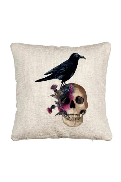 BEKZ Perna Decorativa Canapea cu motiv Craniu si Cioara de Halloween, 40x40 cm, Cu fermoar