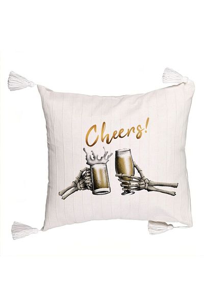 BEKZ Decorative Pillow with Halloween Fringes and Cheers Text, 45x45 cm, Ecru, With Zipper