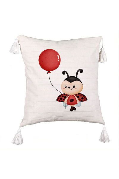 BEKZ Fringed Pillowcase, Ladybug with Balloon Pattern, 45x45 cm, Ecru, With Zipper