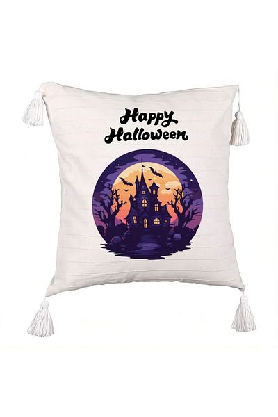 BEKZ Pillowcase with Fringes with Halloween Motif and Text, 45x45 cm, Ecru, With zipper