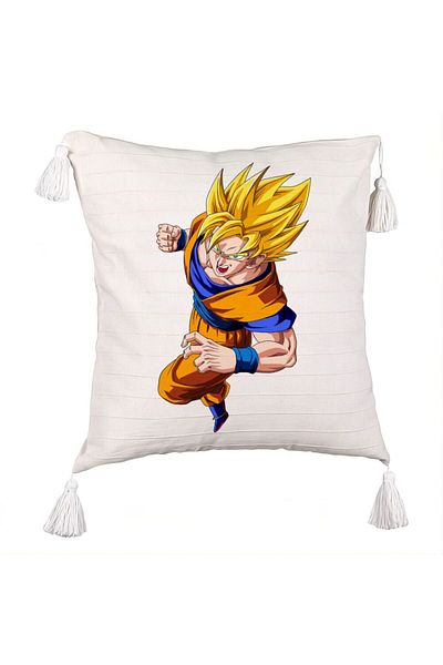 BEKZ Decorative Pillow with Fringes with Angry Goku, 45x45 cm, Ecru, With zipper
