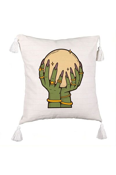 BEKZ Fringed Pillowcase with Halloween Motif 9, 45x45 cm, Ecru, With Zipper