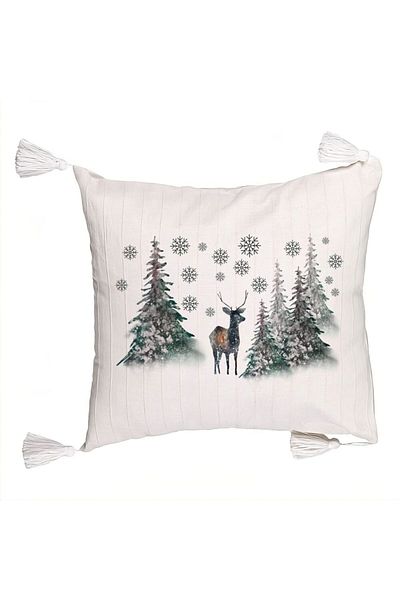 BEKZ Decorative Pillow with Christmas Fringes, Landscape of Trees and Deer, 45x45 cm, Ecru, With Zipper
