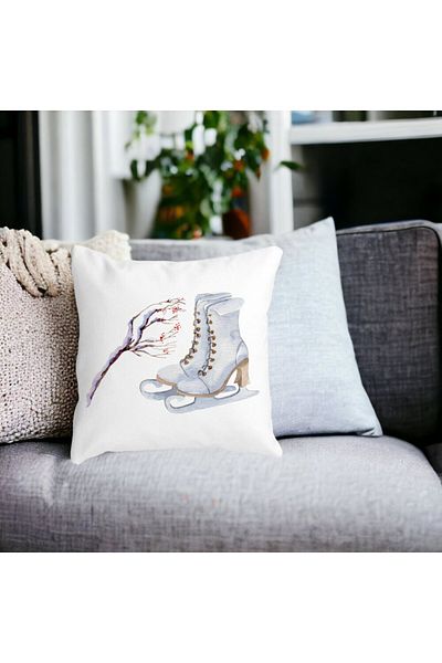 BEKZ Christmas Decorative Pillow, Ice Skates, 1, 40x40 cm, White, Matte, Removable Cover, Bellows
