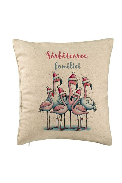 BEKZ Perna Decorativa cu tematica de Craciun, Flamingo si Text 2, 40x40 cm, Bej, Husa Detasabila, Burduf