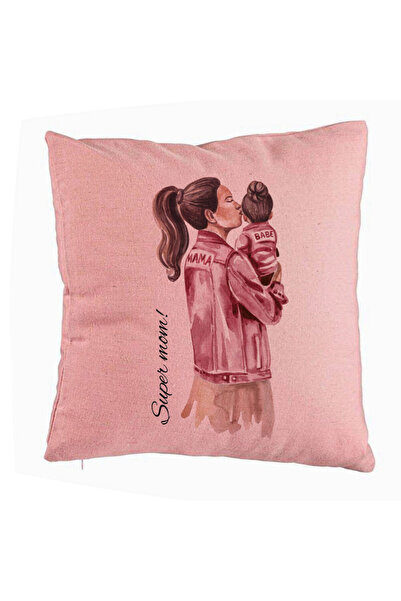 BEKZ Perna Decorativa, Model Super Mom &amp; Babe, 40x40 cm, Roz, Husa Detasabila, Burduf