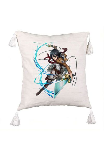 BEKZ Decorative Pillow with Fringes with Attack on Titan Mikasa, 45x45 cm, Ecru, With zipper